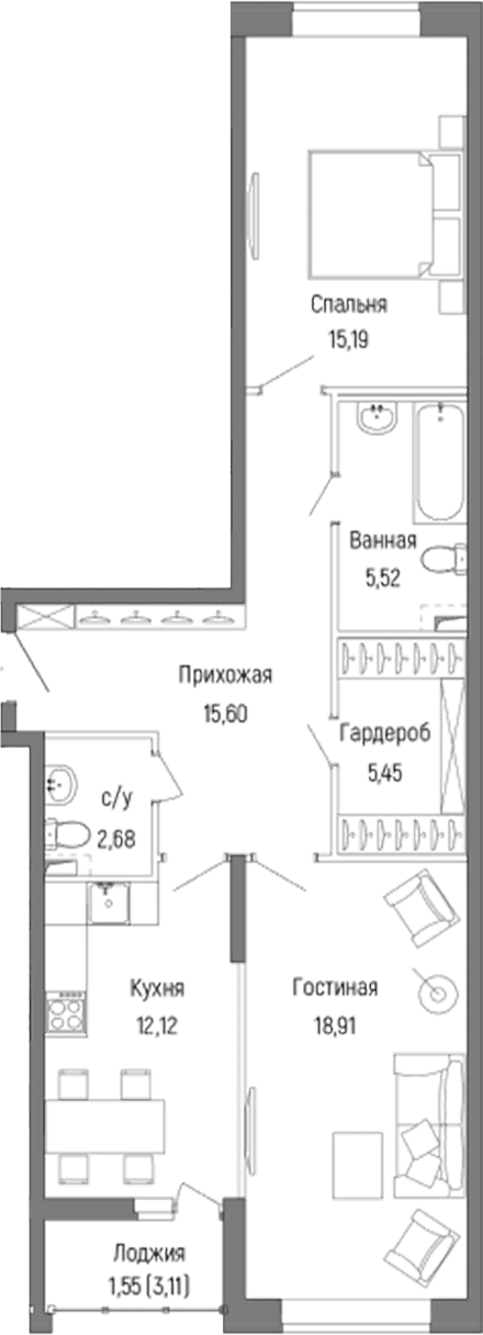 Планировка — Riga Hills, 2-комн., 75 м²