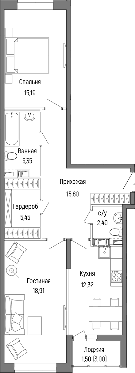 Планировка — Riga Hills, 2-комн., 75 м²