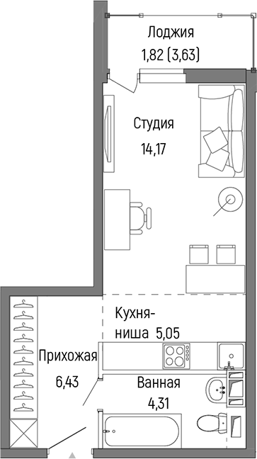 Планировка — Riga Hills, Студия, 30 м²