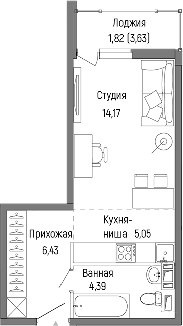 Планировка — Riga Hills, Студия, 30 м²