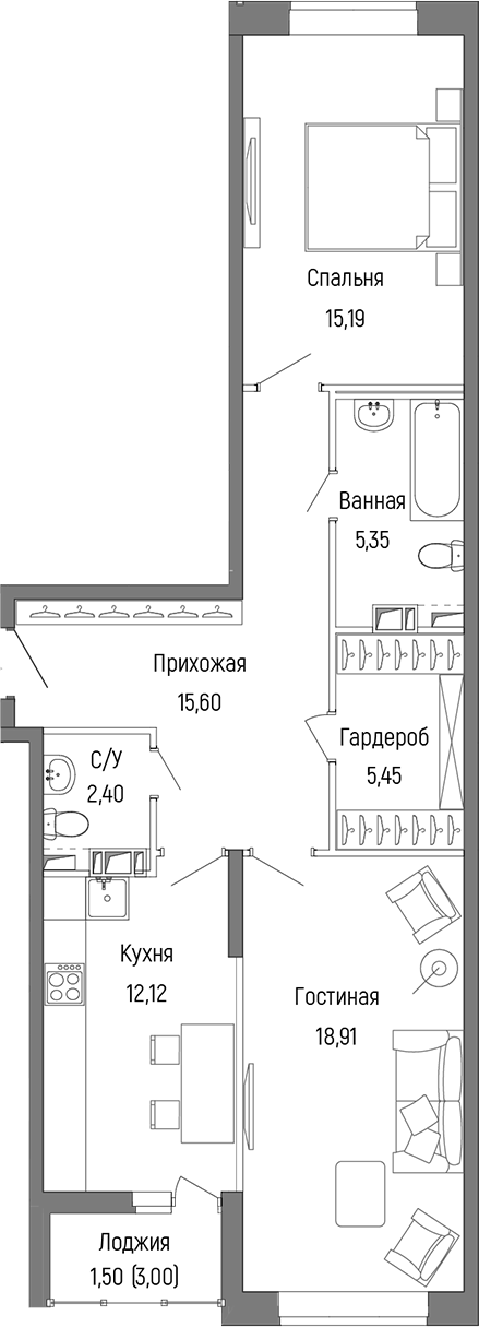 Планировка — Riga Hills, 2-комн., 75 м²