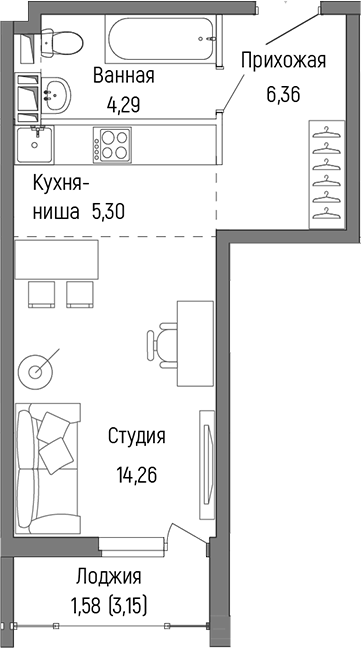 Планировка — Riga Hills, Студия, 30 м²