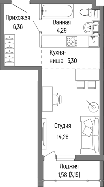 Планировка — Riga Hills, Студия, 30 м²