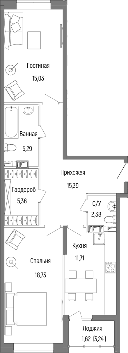Планировка — Riga Hills, 2-комн., 74 м²