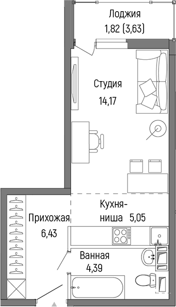 Планировка — Riga Hills, Студия, 30 м²