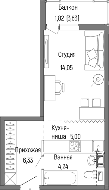 Планировка — Riga Hills, Студия, 30 м²
