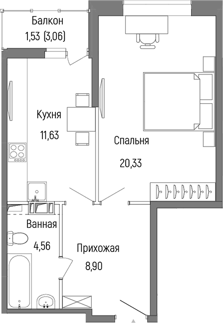 Планировка — Riga Hills, 1-комн., 45 м²
