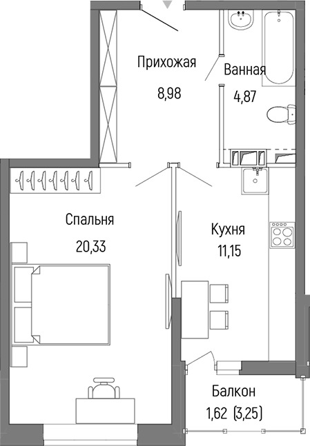 Планировка — Riga Hills, 1-комн., 45 м²