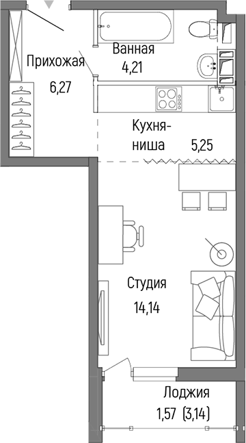 Планировка — Riga Hills, Студия, 30 м²