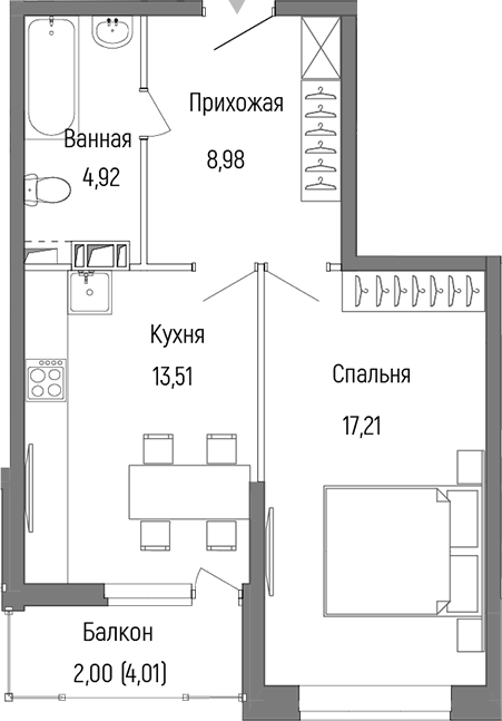 Планировка — Riga Hills, 1-комн., 45 м²
