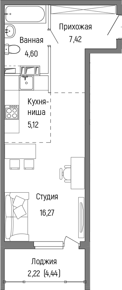 Планировка — Riga Hills, Студия, 33 м²