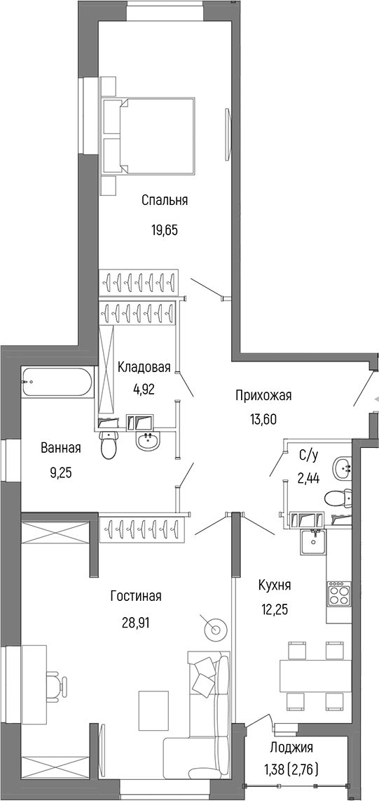 Планировка — Riga Hills, 2-комн., 91 м²