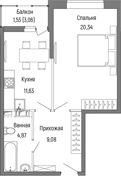 Планировка — Riga Hills, 1-комн., 46 м²