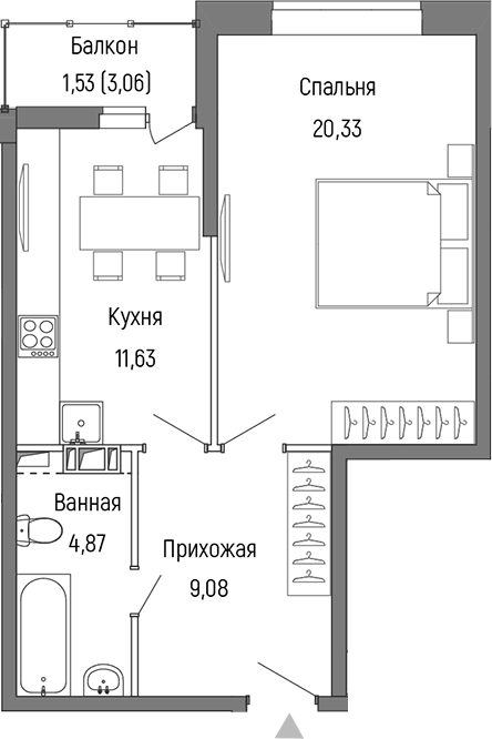 Планировка — Riga Hills, 1-комн., 46 м²