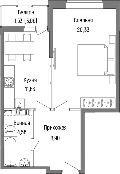 Планировка — Riga Hills, 1-комн., 45 м²
