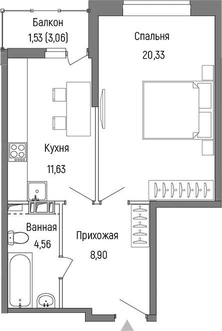 Планировка — Riga Hills, 1-комн., 45 м²