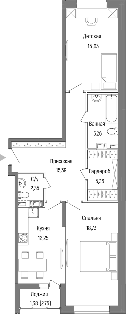 Планировка — Riga Hills, 2-комн., 74 м²