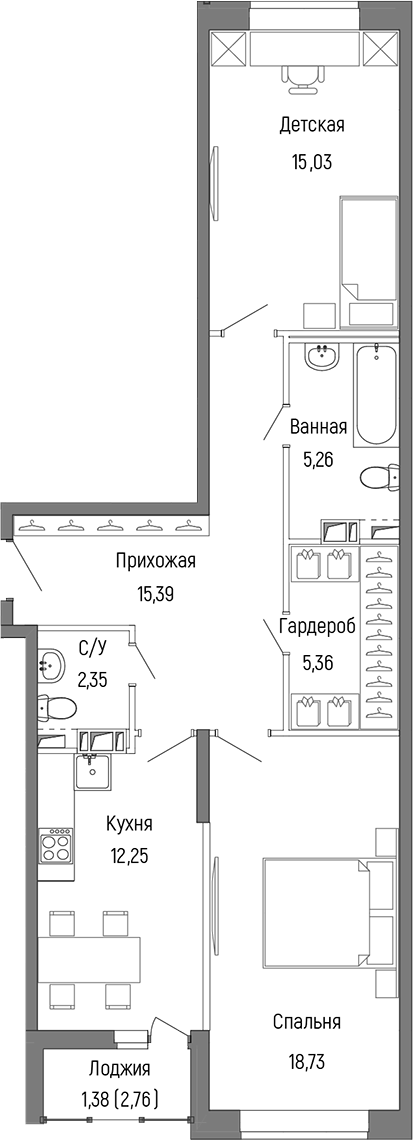 Планировка — Riga Hills, 2-комн., 74 м²