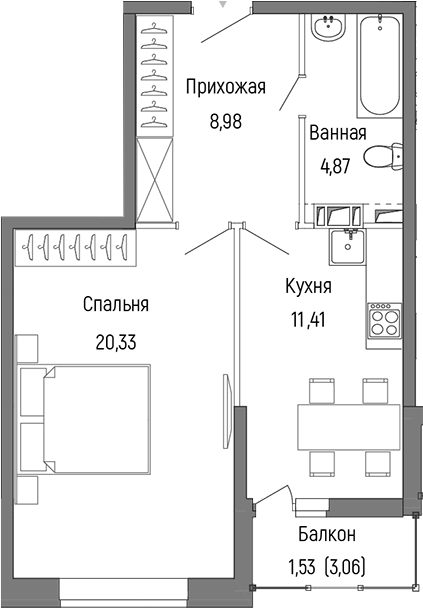Планировка — Riga Hills, 1-комн., 46 м²