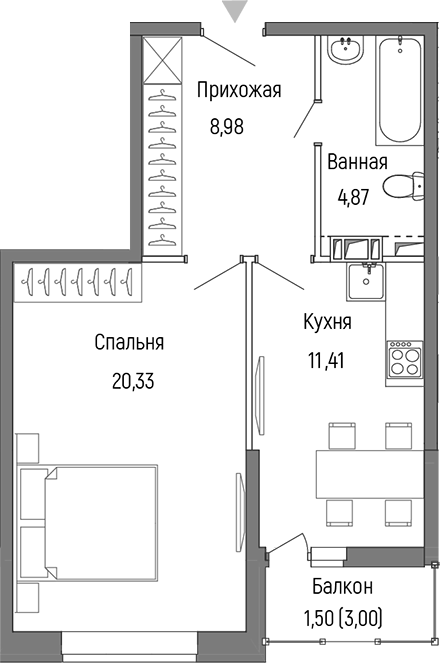 Планировка — Riga Hills, 1-комн., 46 м²