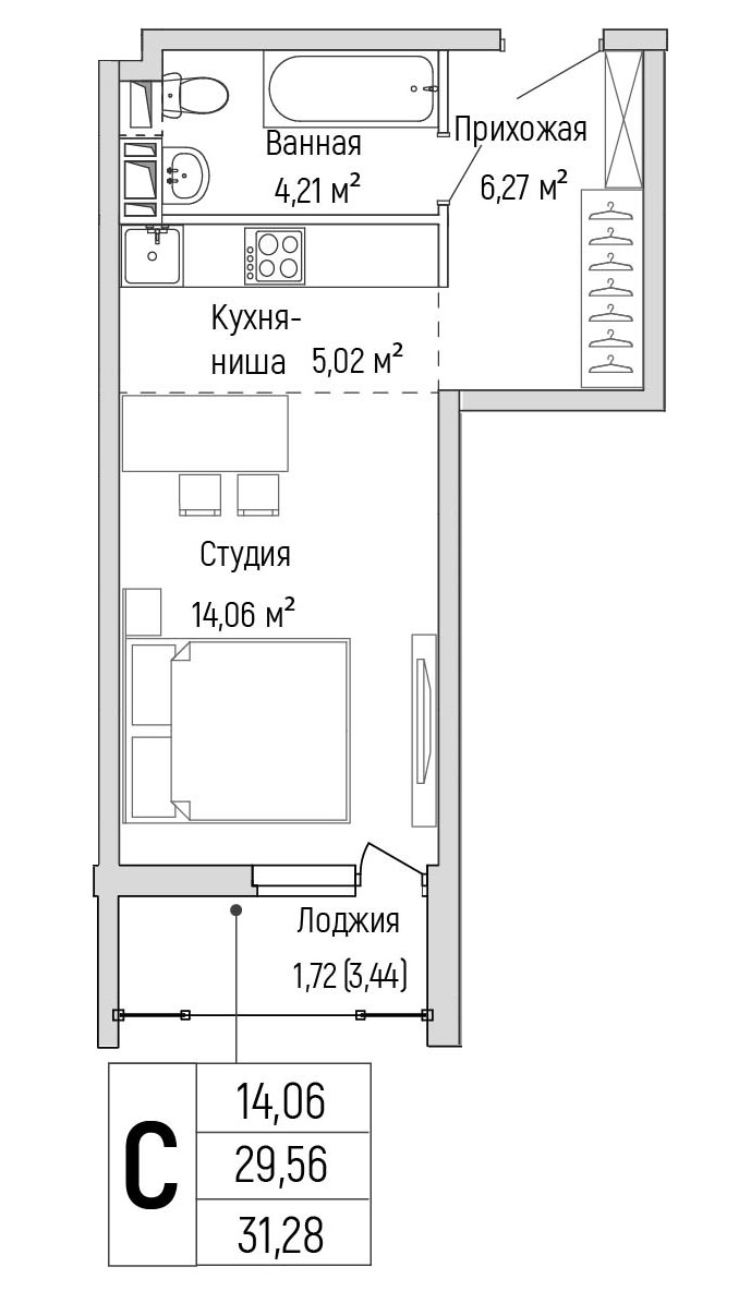 Планировка — Riga Hills, Студия, 30 м²