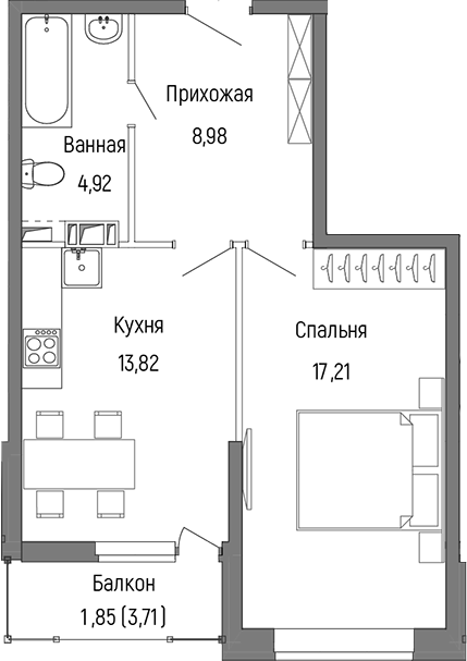 Планировка — Riga Hills, 1-комн., 45 м²