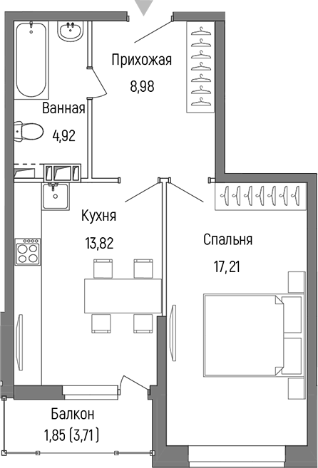 Планировка — Riga Hills, 1-комн., 45 м²