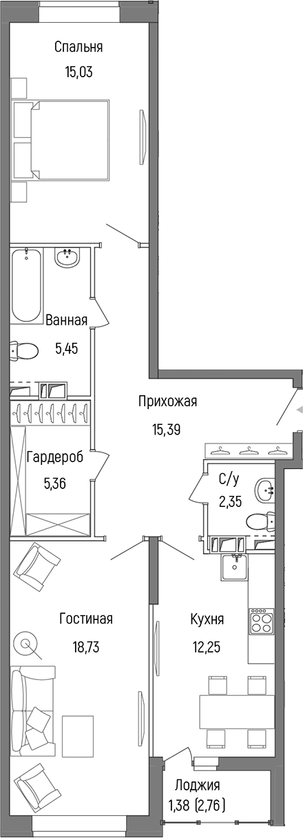 Планировка — Riga Hills, 2-комн., 75 м²