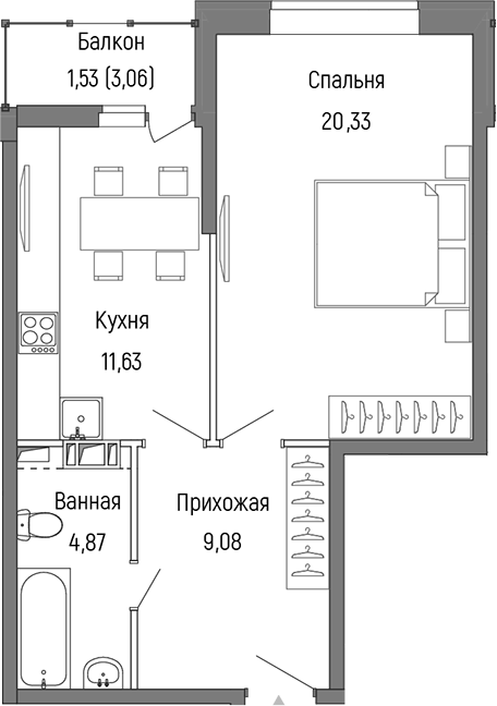 Планировка — Riga Hills, 1-комн., 46 м²