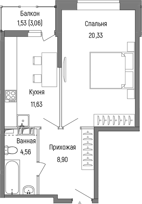Планировка — Riga Hills, 1-комн., 45 м²