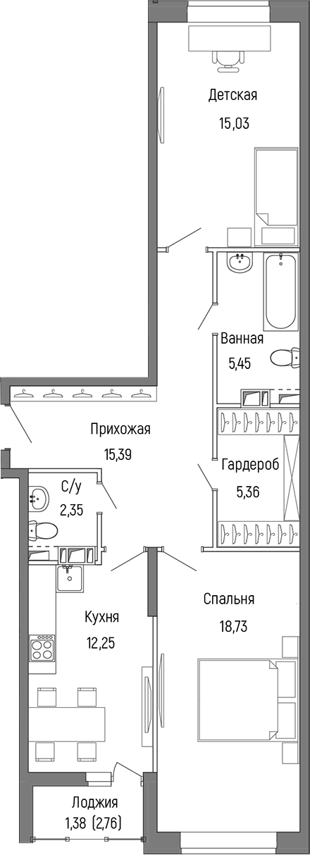Планировка — Riga Hills, 2-комн., 75 м²