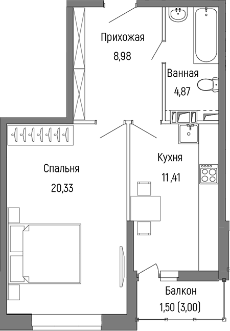 Планировка — Riga Hills, 1-комн., 46 м²