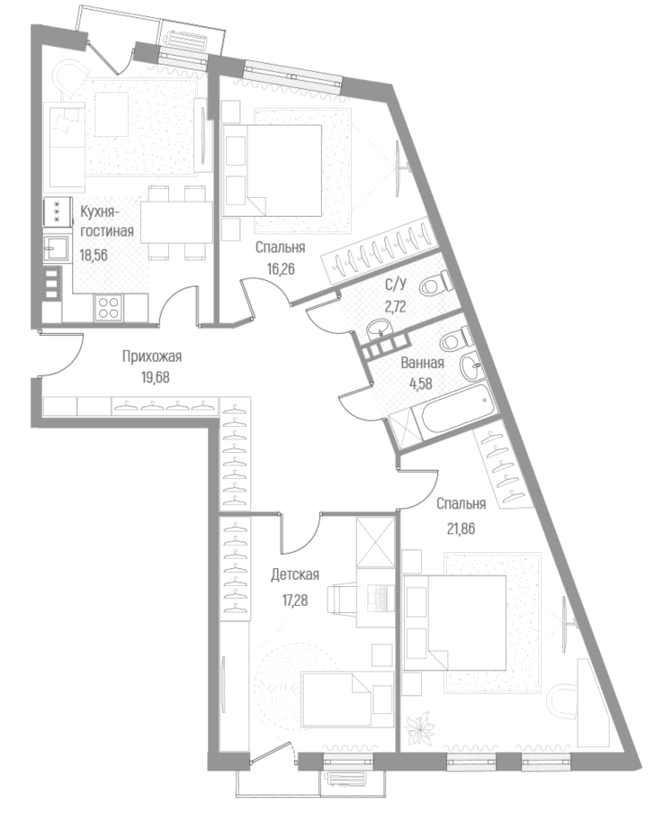 Планировка — Эльйон, 2-комн., 88 м²