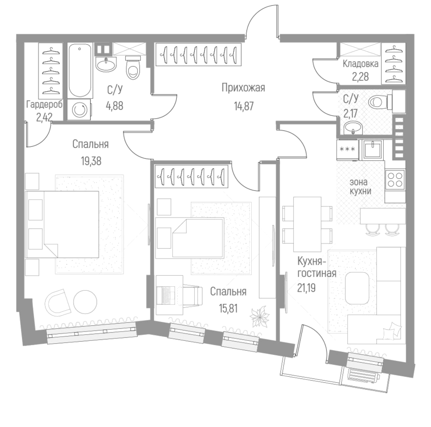 Планировка — Эльйон, 2-комн., 83 м²