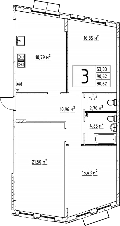 Планировка — Эльйон, 3-комн., 91 м²