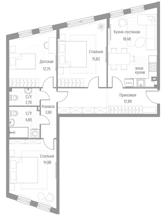 Планировка — Эльйон, 3-комн., 87 м²