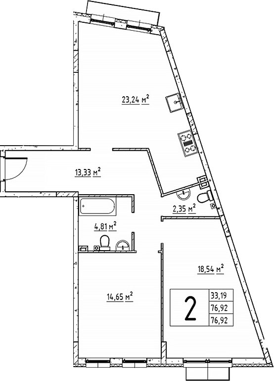 Планировка — Эльйон, 2-комн., 77 м²