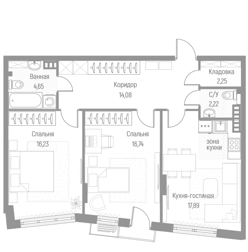 Планировка — Эльйон, 2-комн., 74 м²