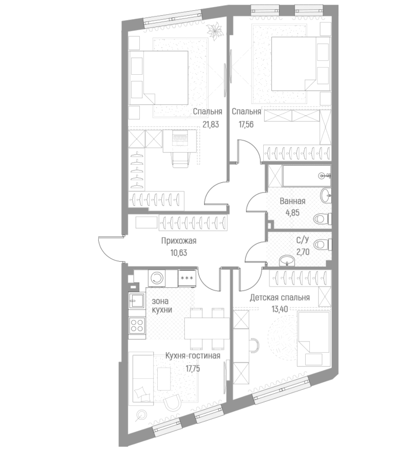Планировка — Эльйон, 3-комн., 89 м²