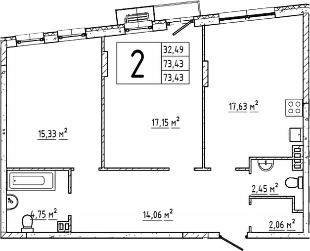 Планировка — Эльйон, 2-комн., 73 м²