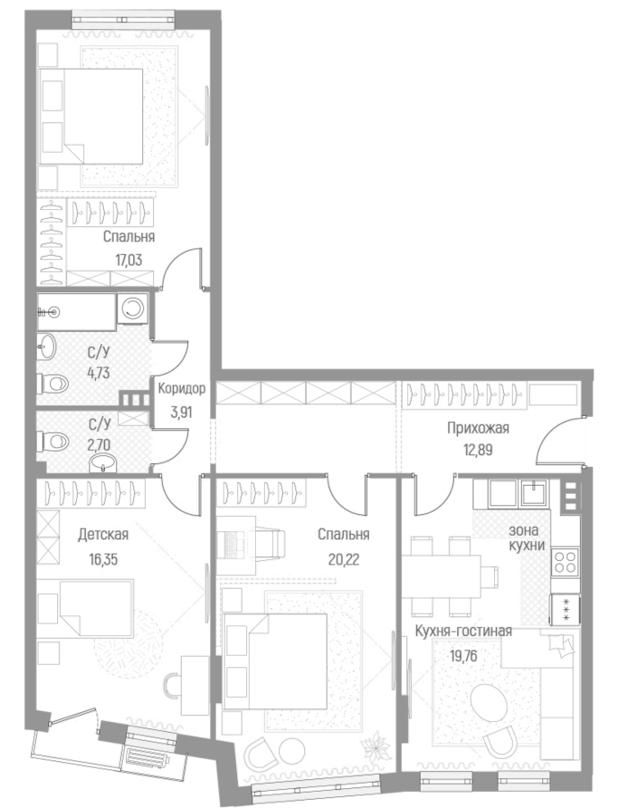 Планировка — Эльйон, 3-комн., 98 м²
