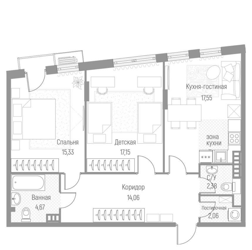 Планировка — Эльйон, 2-комн., 73 м²