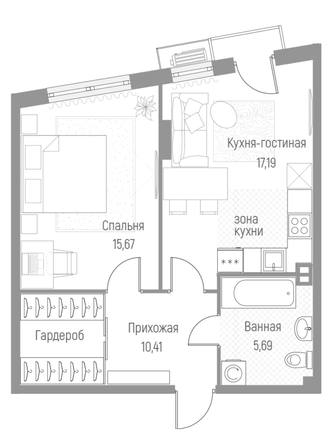 Планировка — Эльйон, 1-комн., 49 м²