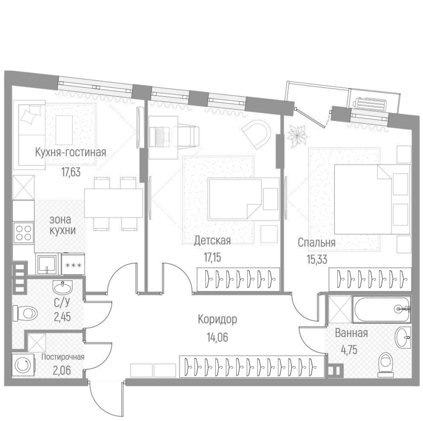 Планировка — Эльйон, 2-комн., 74 м²