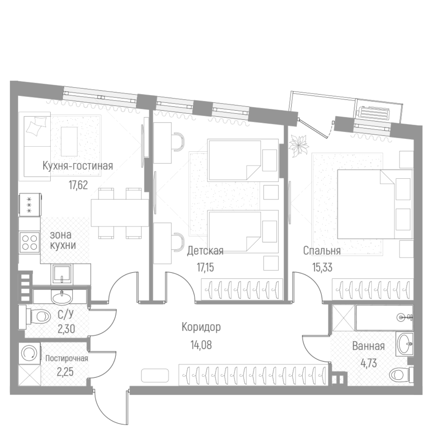 Планировка — Эльйон, 2-комн., 73 м²