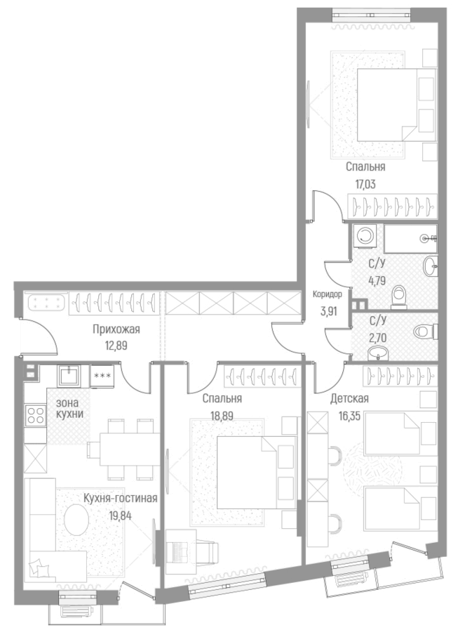 Планировка — Эльйон, 3-комн., 96 м²