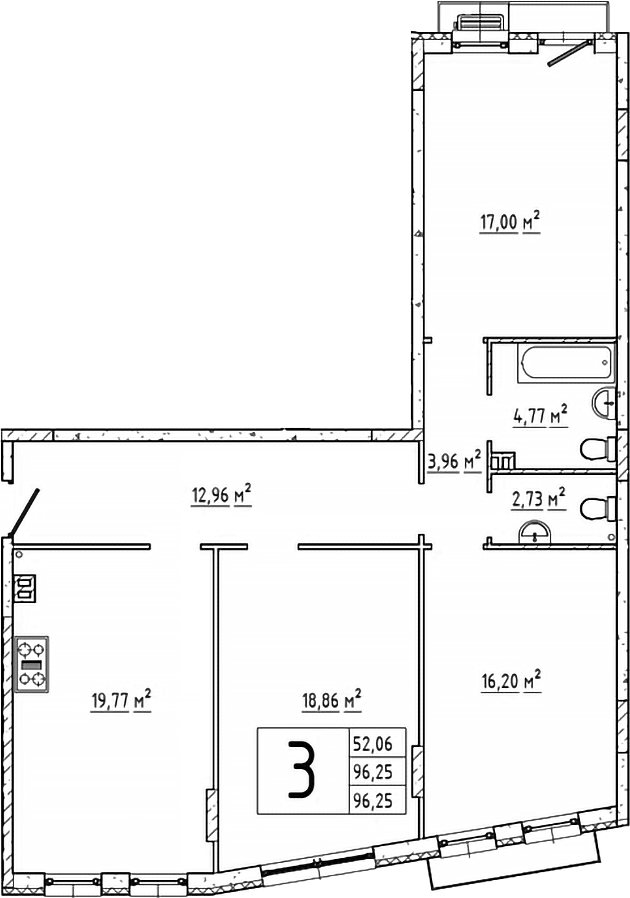 Планировка — Эльйон, 3-комн., 96 м²