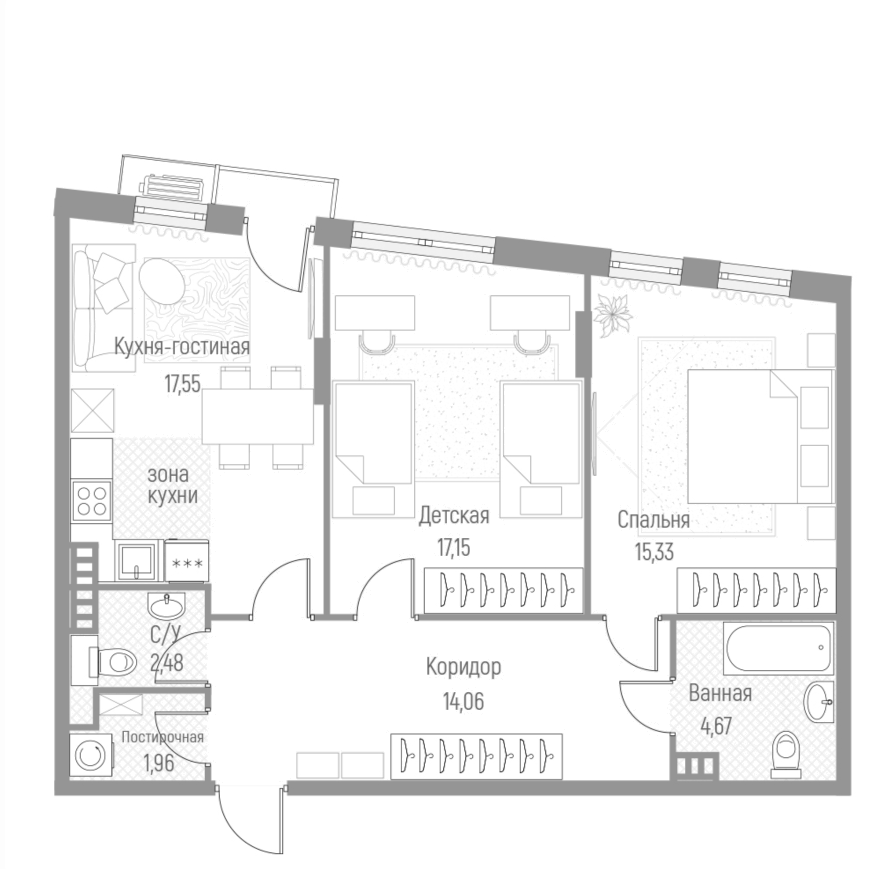 Планировка — Эльйон, 2-комн., 73 м²