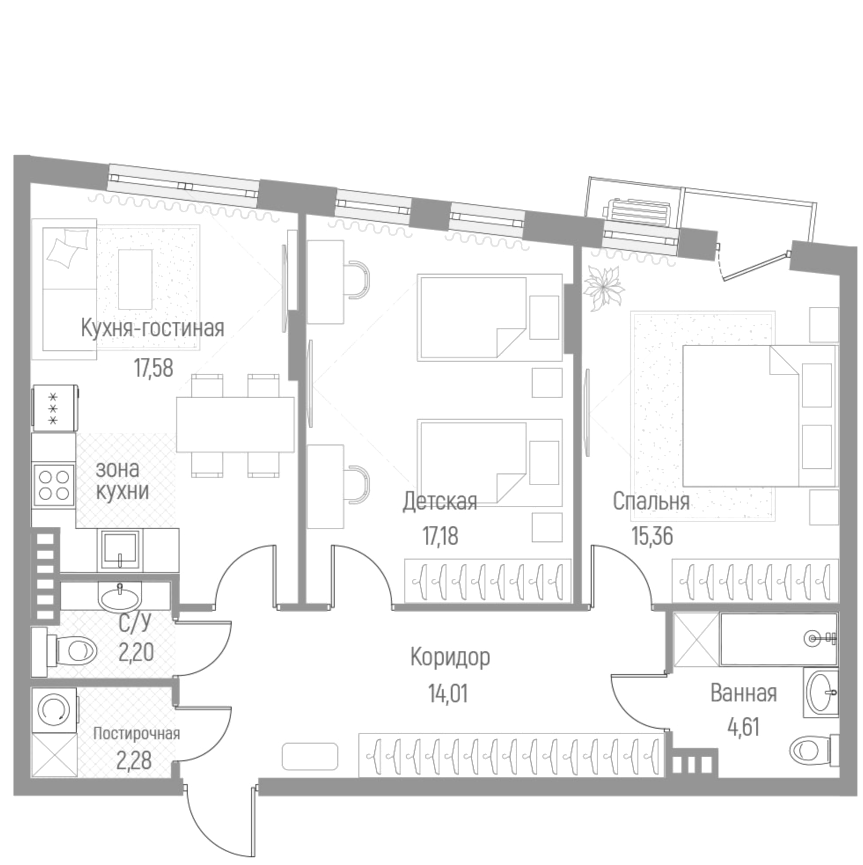 Планировка — Эльйон, 2-комн., 73 м²