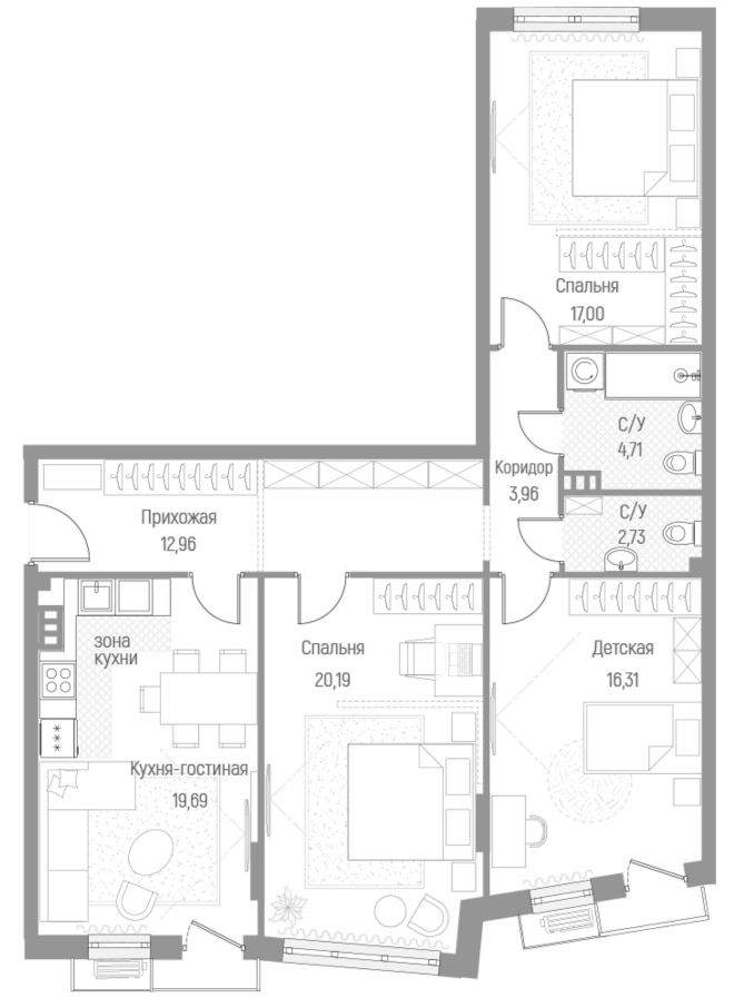 Планировка — Эльйон, 3-комн., 98 м²
